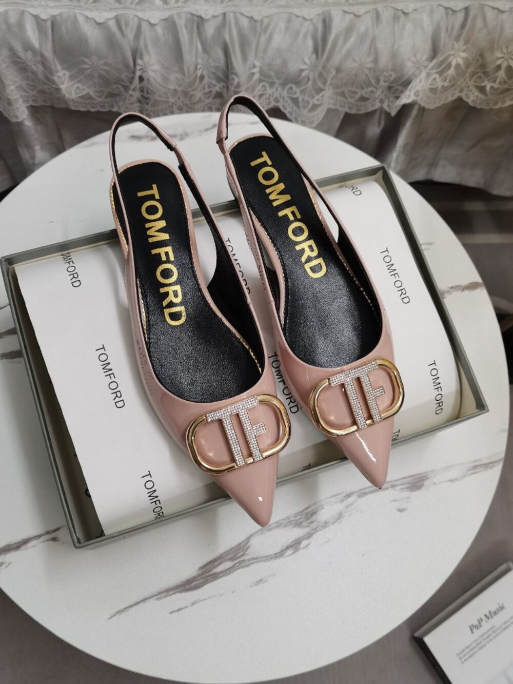 Tom Ford Nude Pink Rhinestone TF-Logo Pointed-Toe Flats